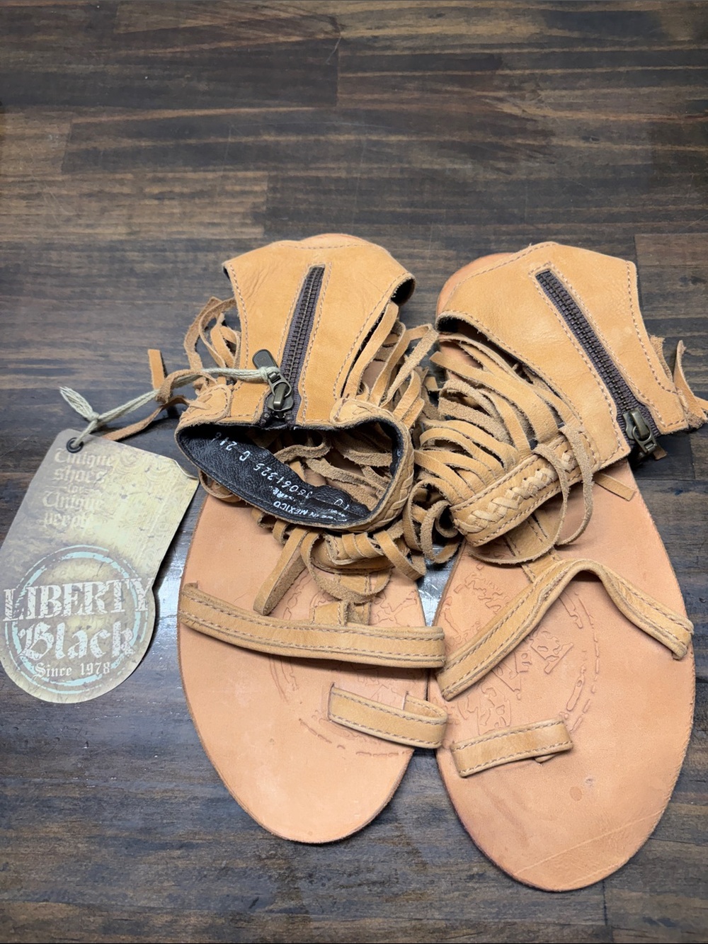 LIBERTY Black Tan Leather Lace-Up Gladiator Sandals